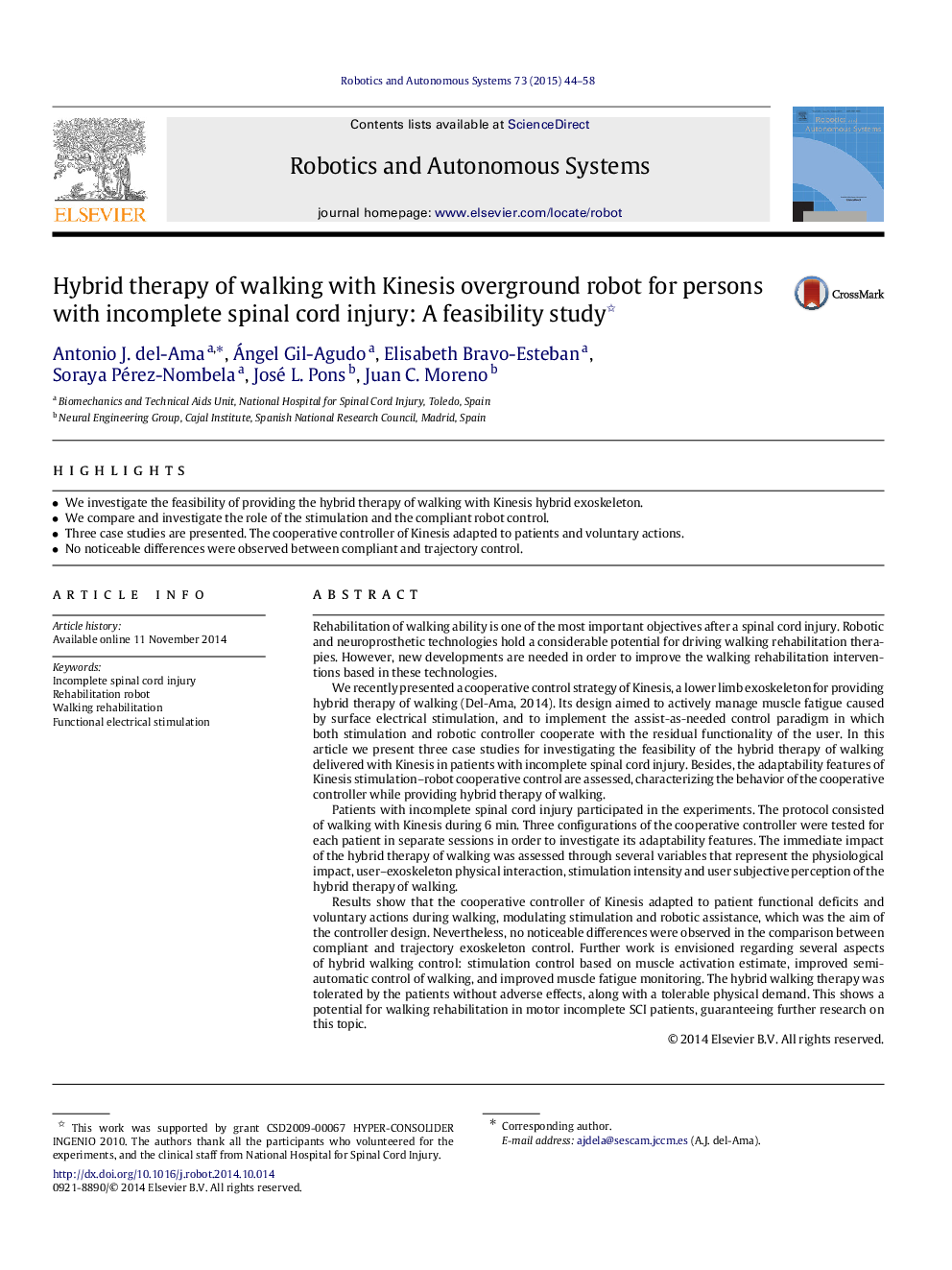 Hybrid therapy of walking with Kinesis overground robot for persons with incomplete spinal cord injury: A feasibility study 