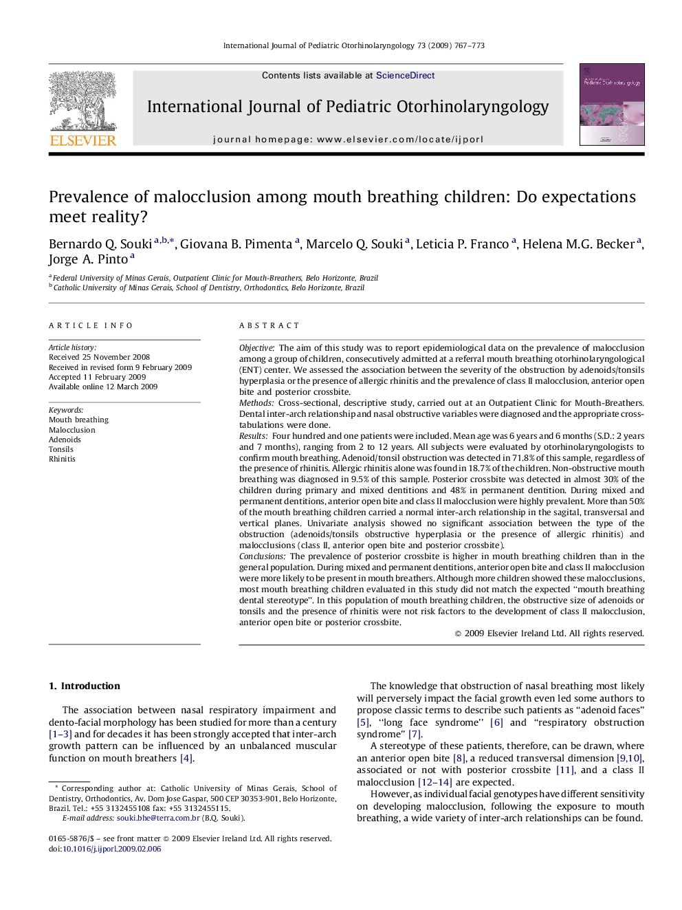 Prevalence of malocclusion among mouth breathing children: Do expectations meet reality?