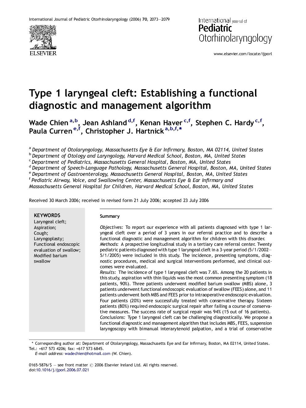 Type 1 laryngeal cleft: Establishing a functional diagnostic and management algorithm