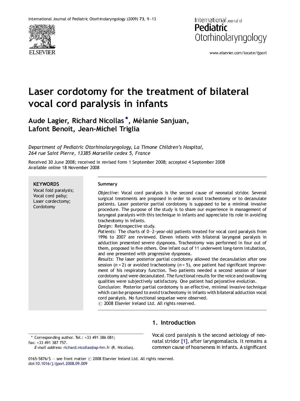 Laser cordotomy for the treatment of bilateral vocal cord paralysis in infants