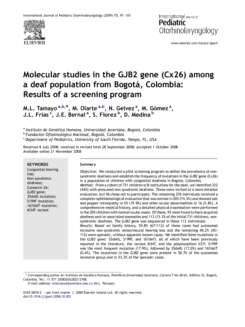 Molecular studies in the GJB2 gene (Cx26) among a deaf population from Bogotá, Colombia: Results of a screening program