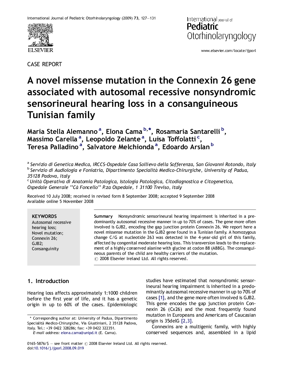 A novel missense mutation in the Connexin 26 gene associated with autosomal recessive nonsyndromic sensorineural hearing loss in a consanguineous Tunisian family