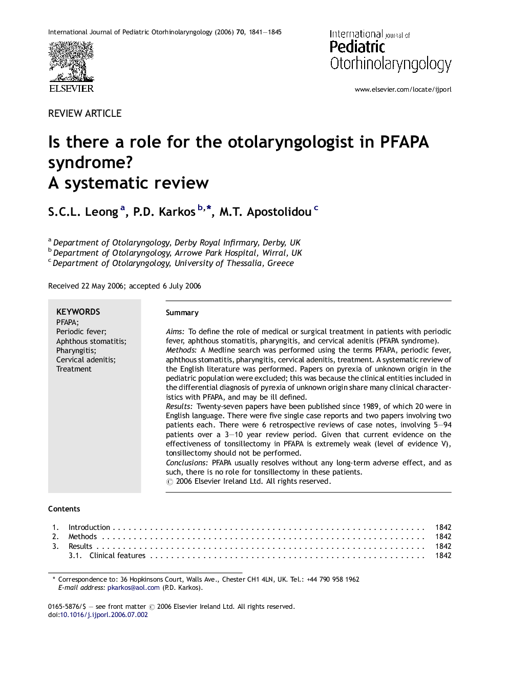 Is there a role for the otolaryngologist in PFAPA syndrome?: A systematic review