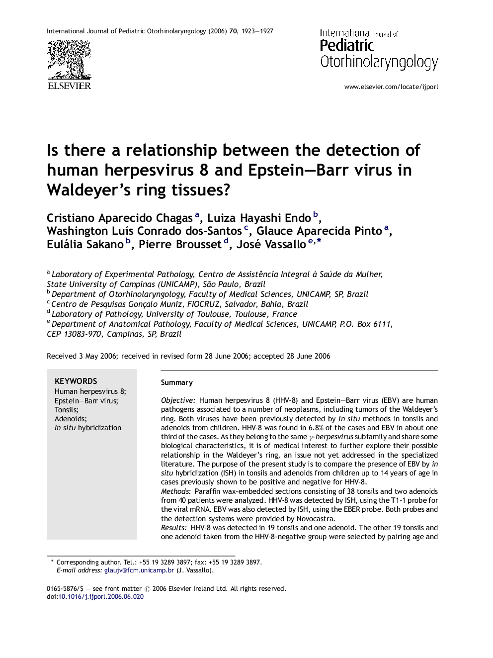 Is there a relationship between the detection of human herpesvirus 8 and Epstein–Barr virus in Waldeyer's ring tissues?