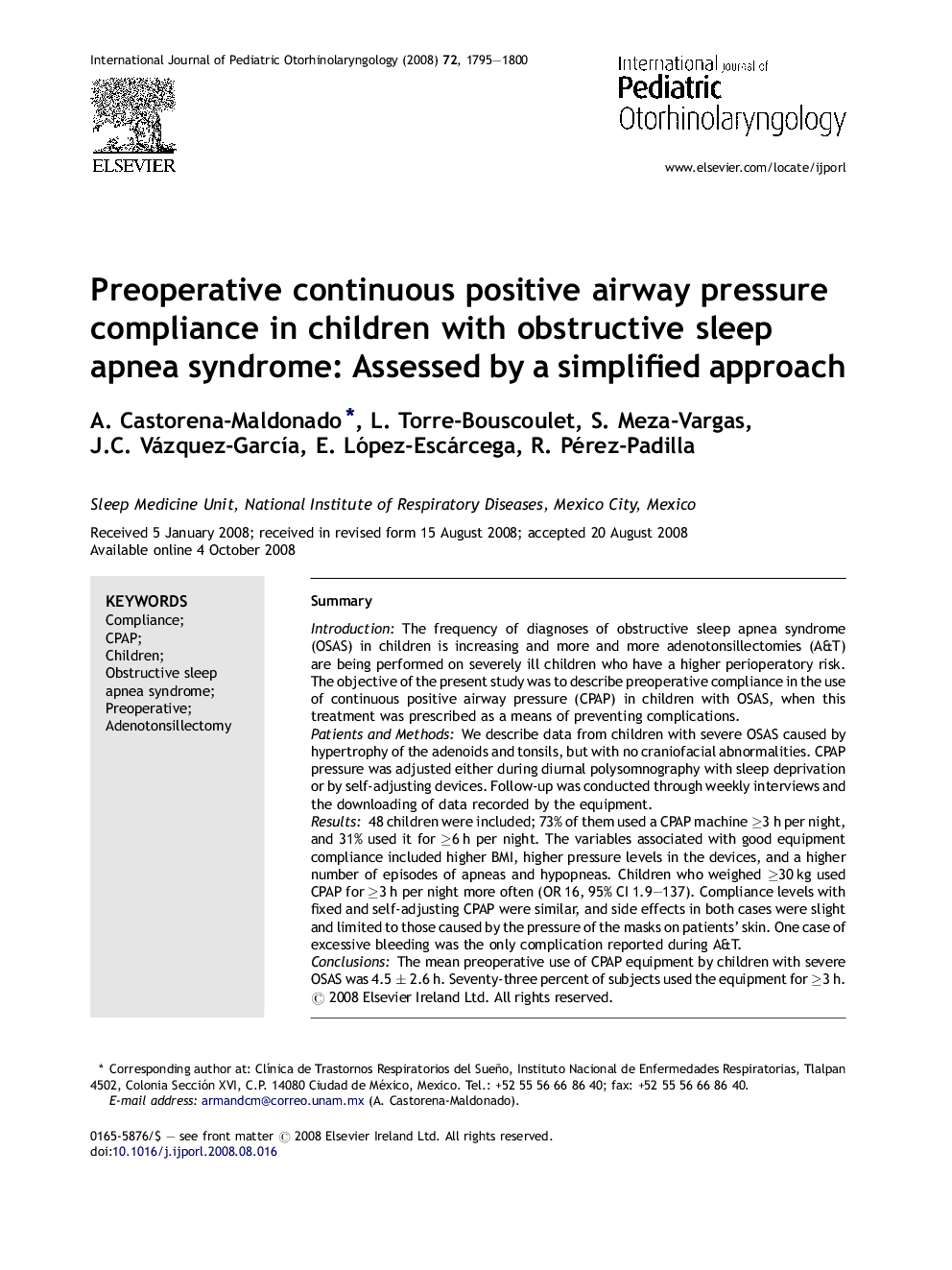 Preoperative continuous positive airway pressure compliance in children with obstructive sleep apnea syndrome: Assessed by a simplified approach