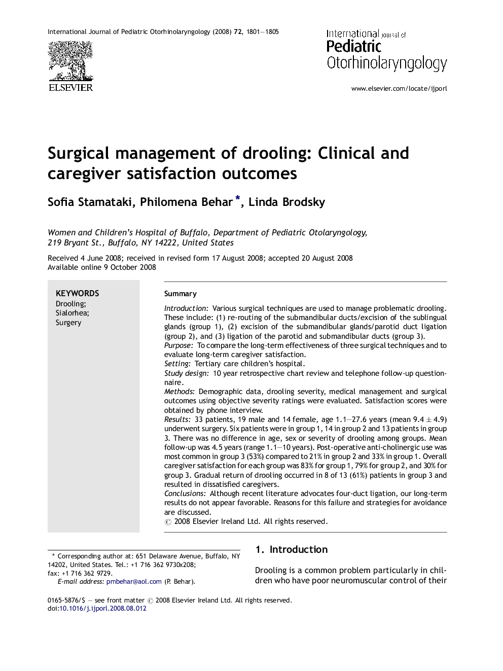 Surgical management of drooling: Clinical and caregiver satisfaction outcomes