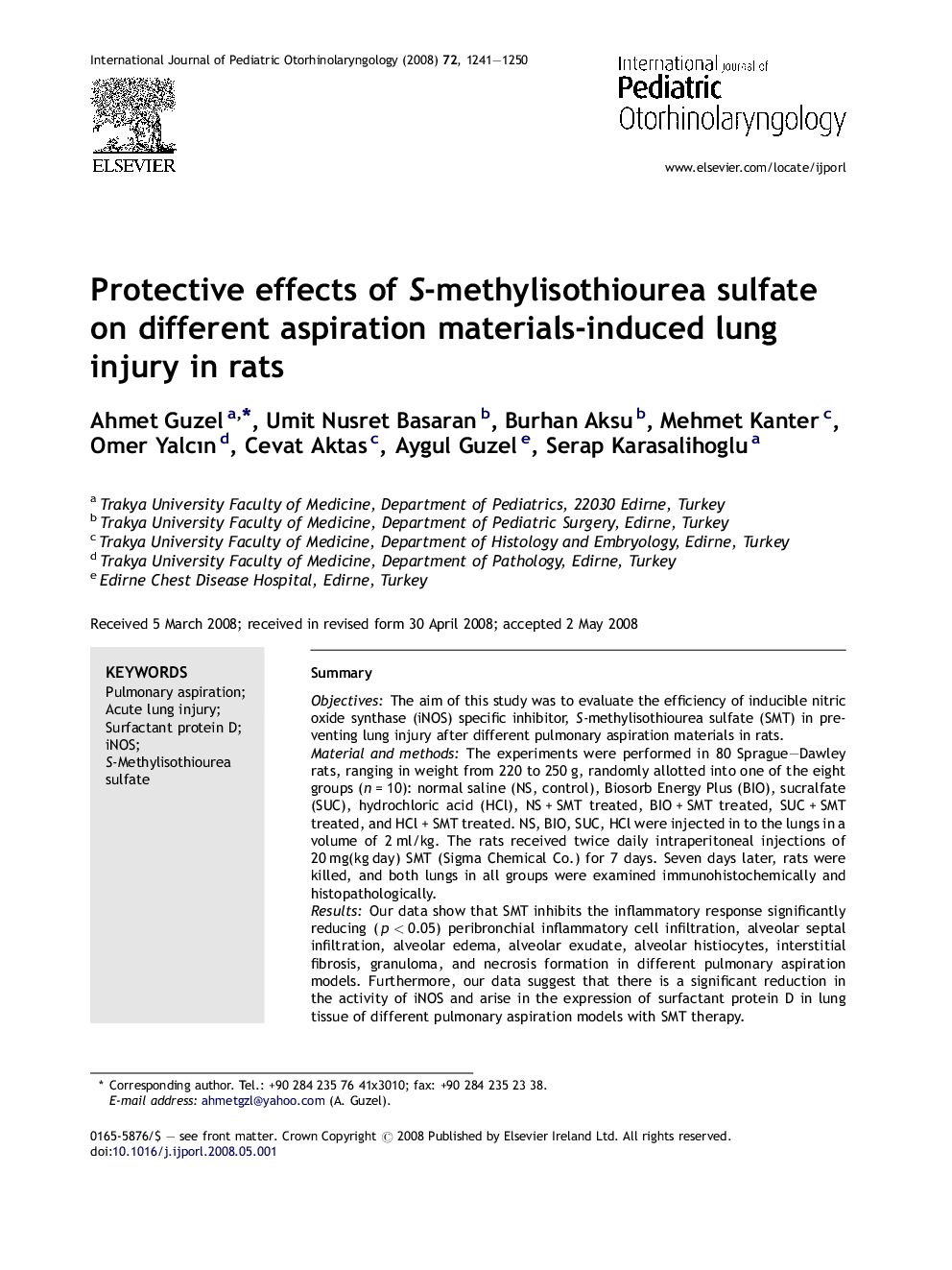 Protective effects of S-methylisothiourea sulfate on different aspiration materials-induced lung injury in rats