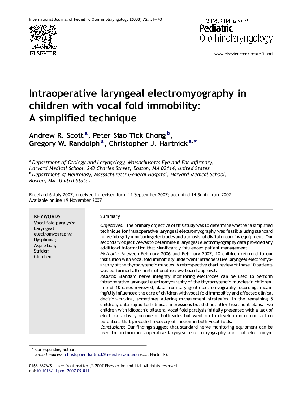 Intraoperative laryngeal electromyography in children with vocal fold immobility: A simplified technique