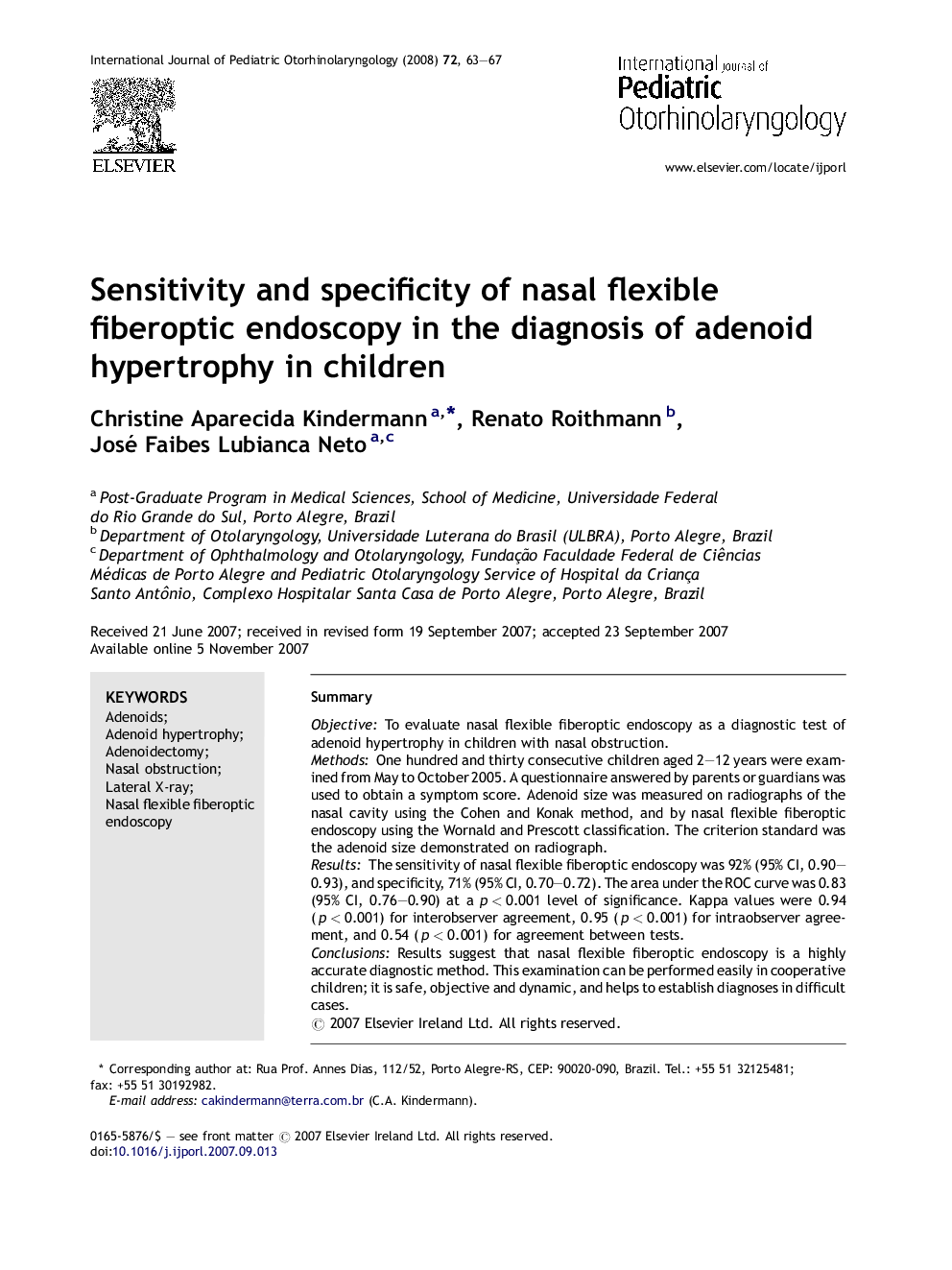 Sensitivity and specificity of nasal flexible fiberoptic endoscopy in the diagnosis of adenoid hypertrophy in children