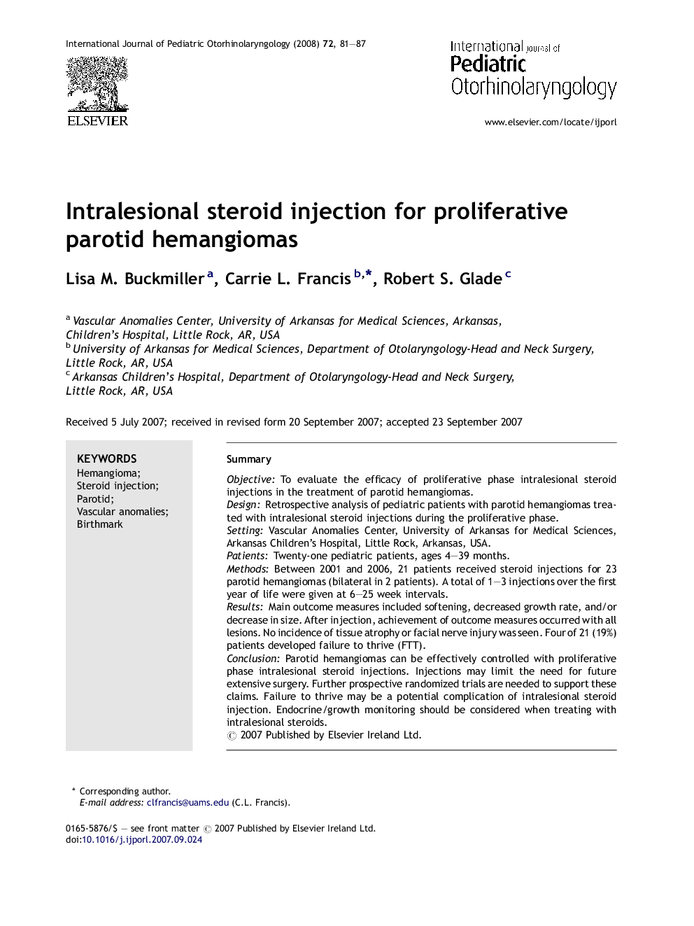 Intralesional steroid injection for proliferative parotid hemangiomas