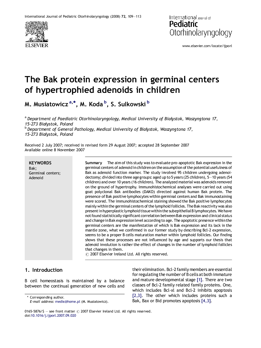 The Bak protein expression in germinal centers of hypertrophied adenoids in children