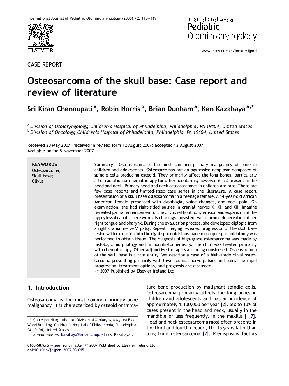 Osteosarcoma of the skull base: Case report and review of literature