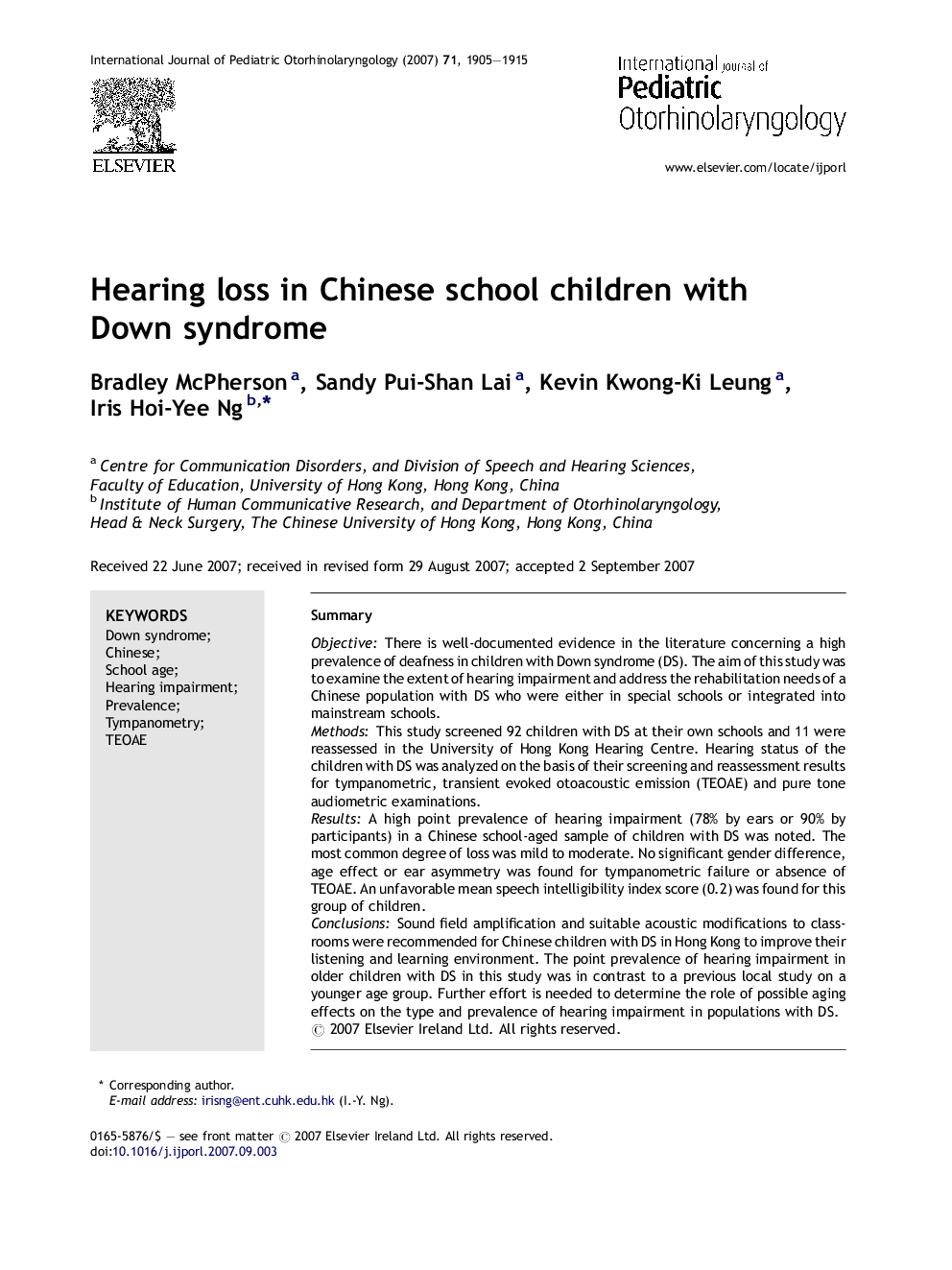 Hearing loss in Chinese school children with Down syndrome