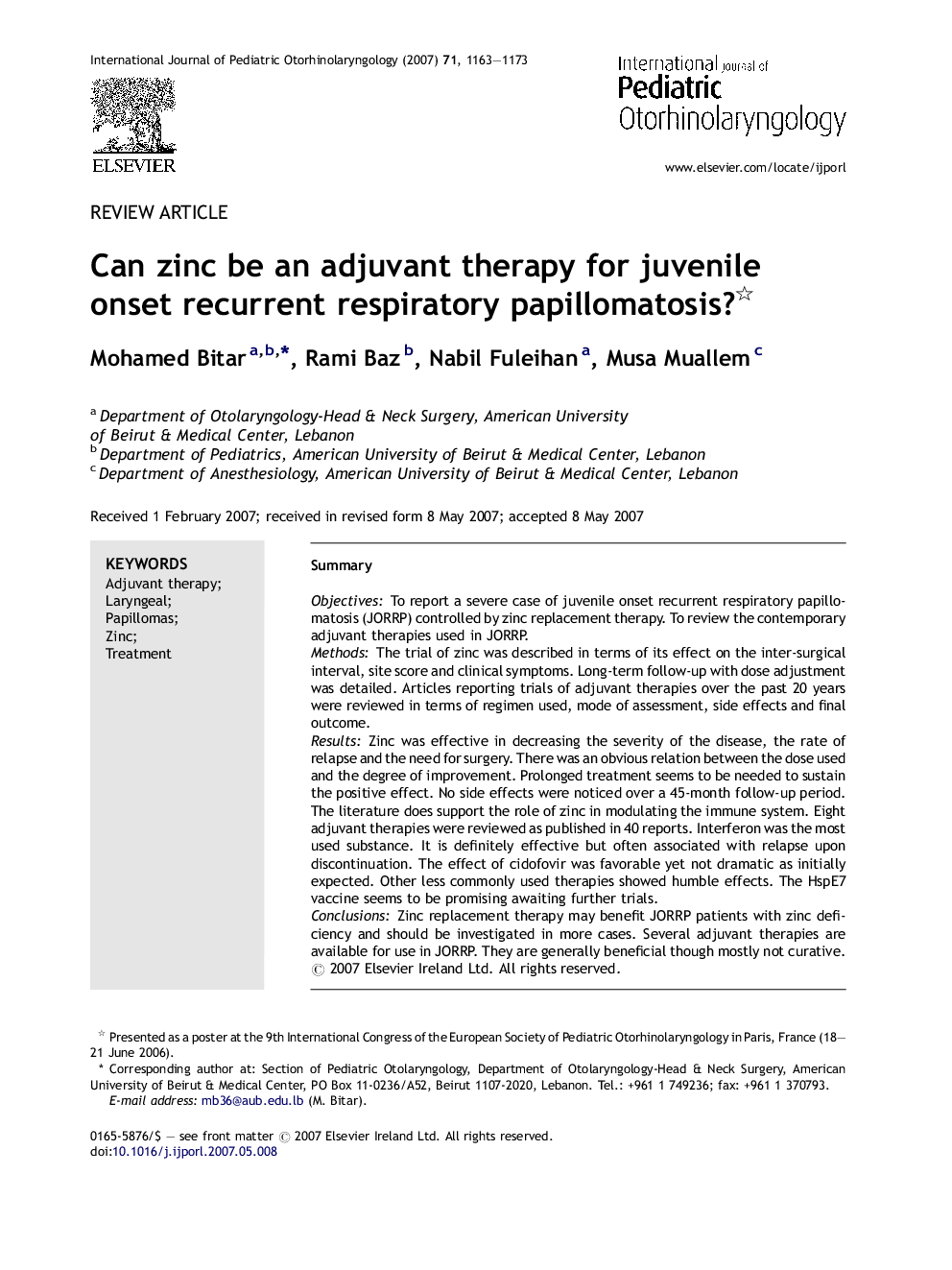 Can zinc be an adjuvant therapy for juvenile onset recurrent respiratory papillomatosis? 