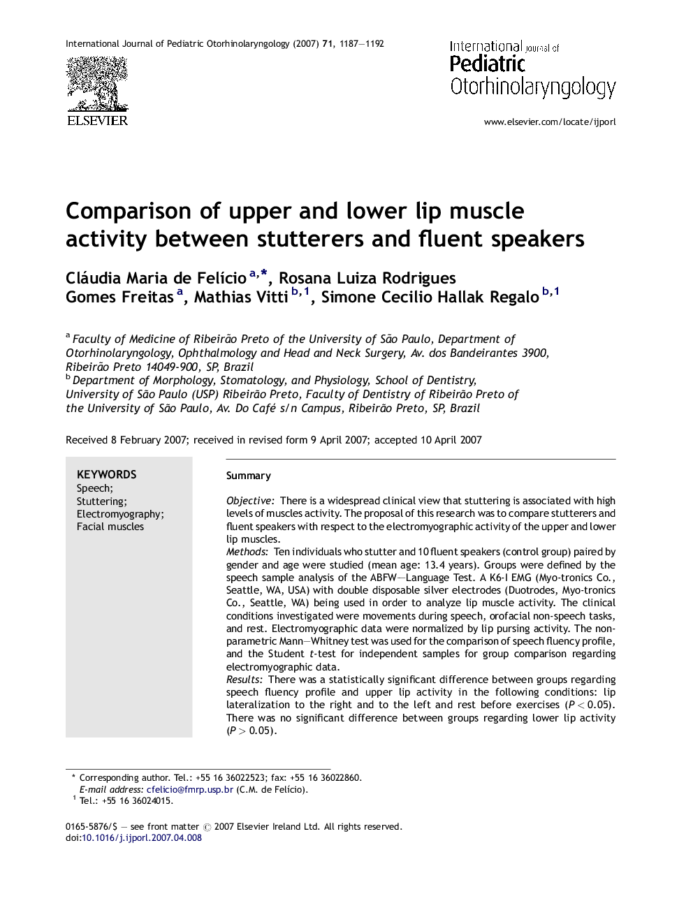 Comparison of upper and lower lip muscle activity between stutterers and fluent speakers