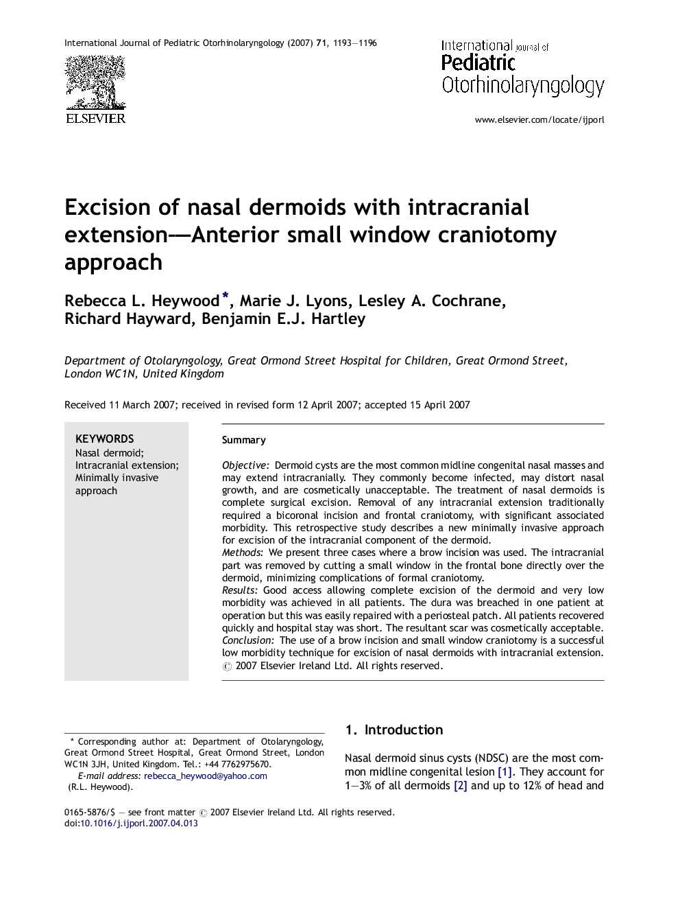 Excision of nasal dermoids with intracranial extension—Anterior small window craniotomy approach