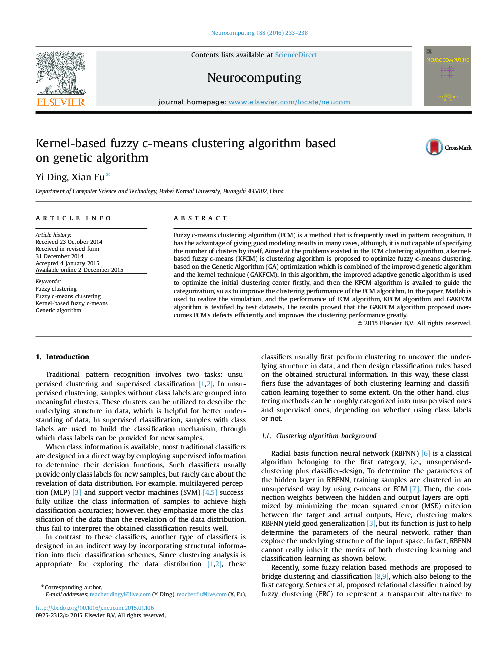 Kernel-based fuzzy c-means clustering algorithm based on genetic algorithm