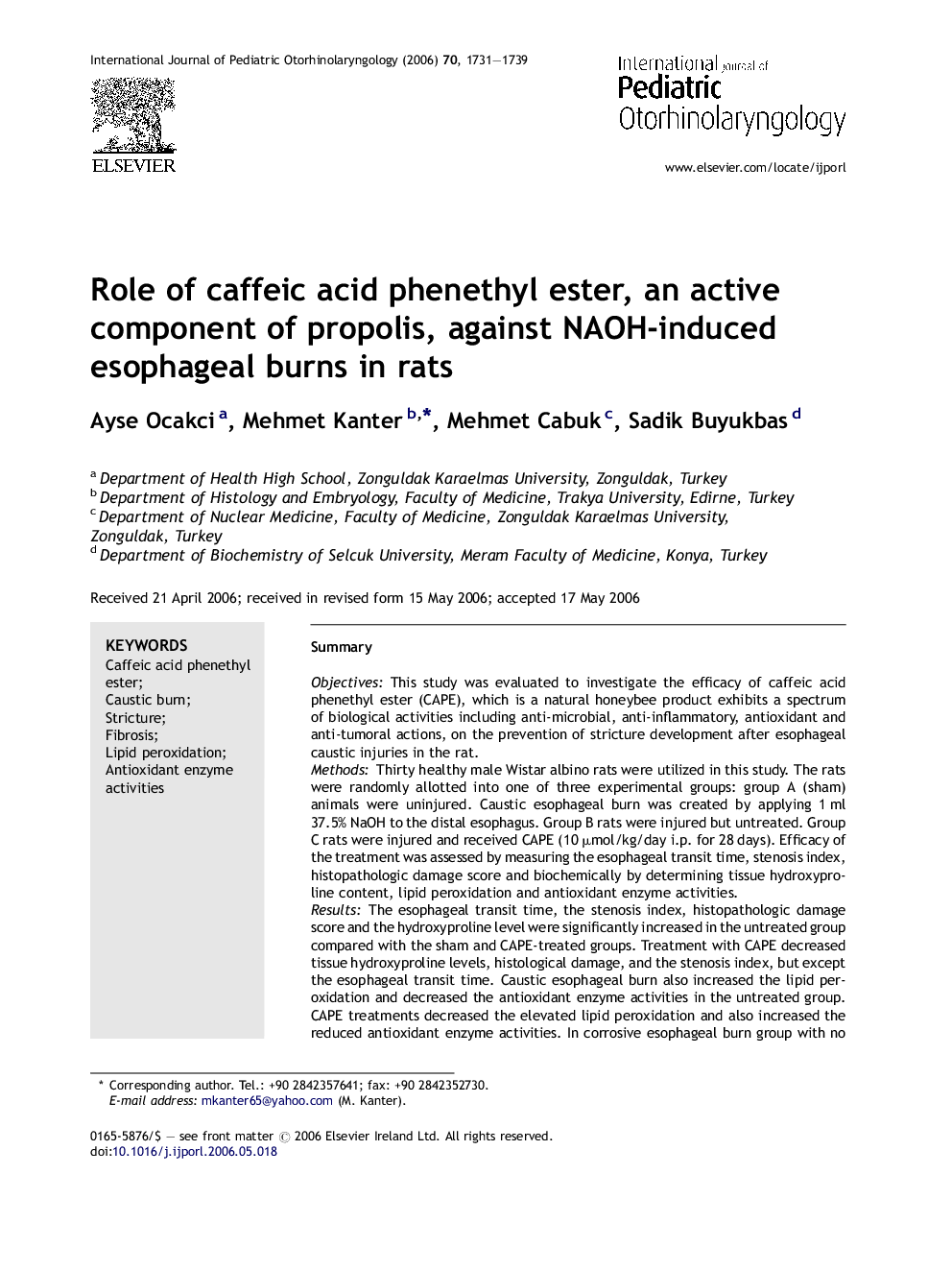 Role of caffeic acid phenethyl ester, an active component of propolis, against NAOH-induced esophageal burns in rats