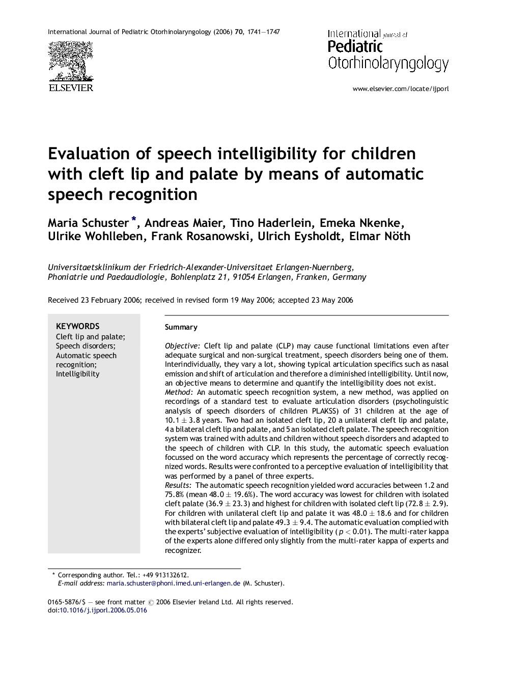 Evaluation of speech intelligibility for children with cleft lip and palate by means of automatic speech recognition