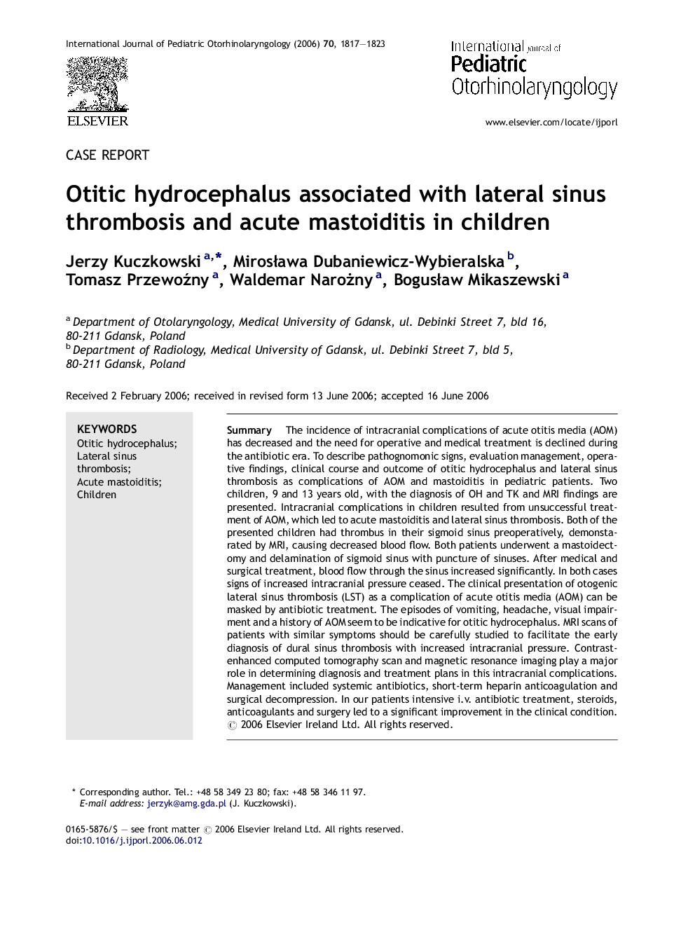 Otitic hydrocephalus associated with lateral sinus thrombosis and acute mastoiditis in children