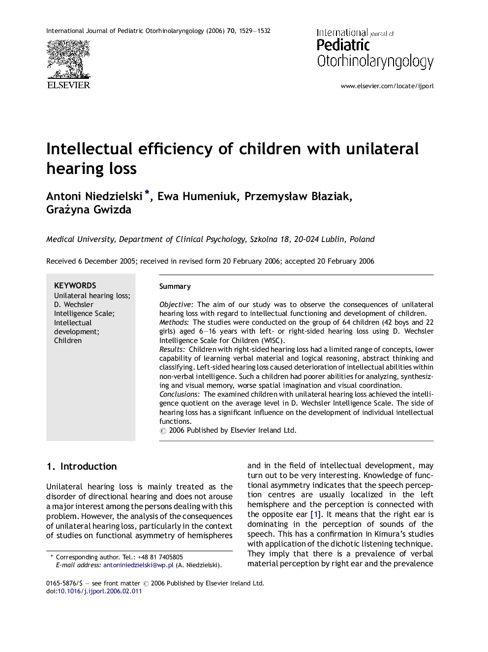 Intellectual efficiency of children with unilateral hearing loss