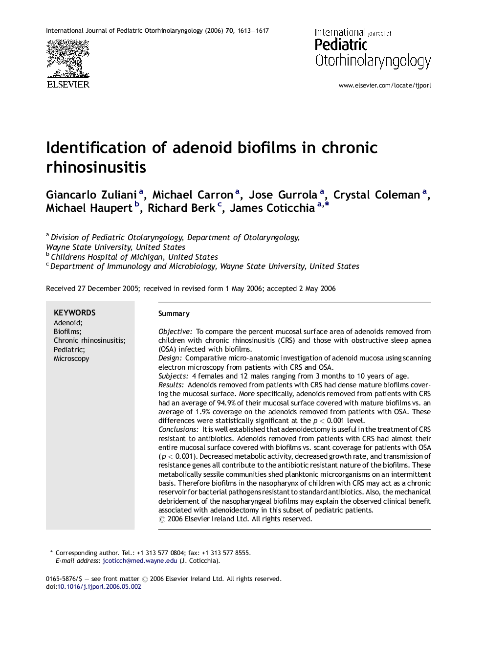 Identification of adenoid biofilms in chronic rhinosinusitis