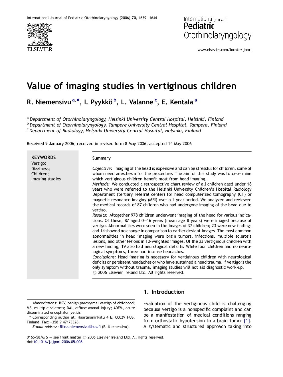 Value of imaging studies in vertiginous children