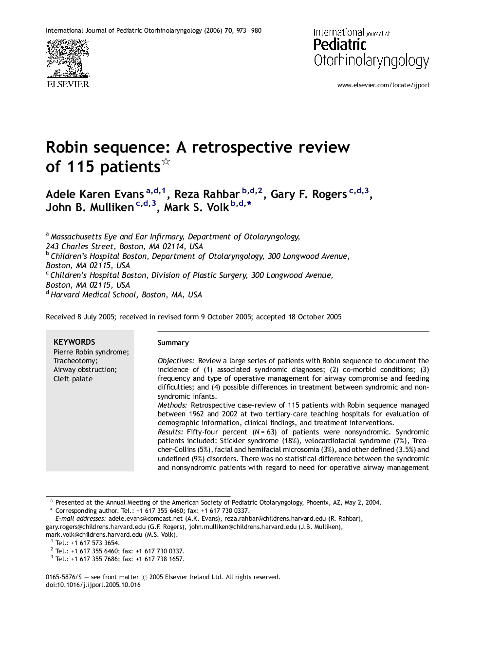 Robin sequence: A retrospective review of 115 patients 