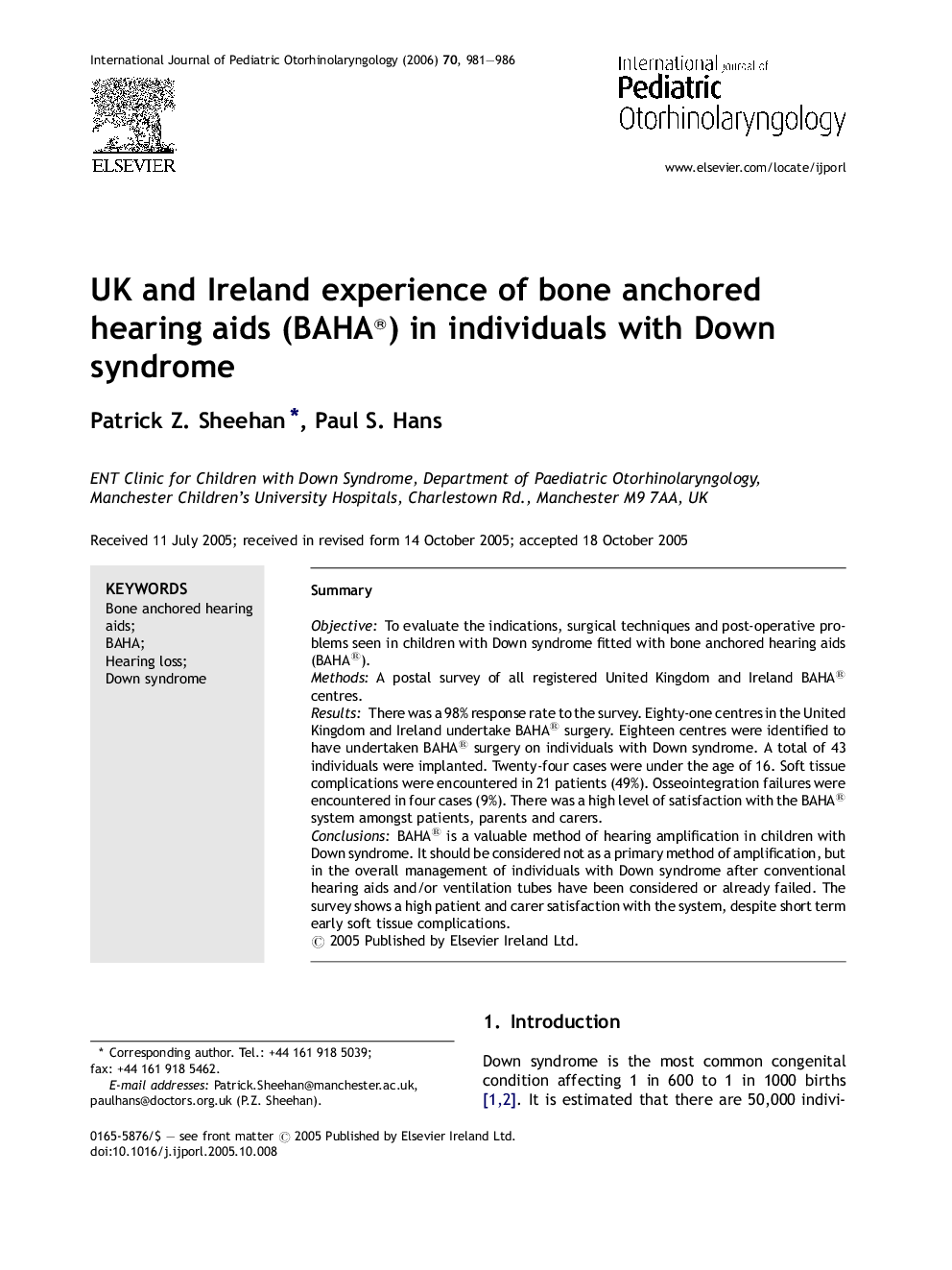 UK and Ireland experience of bone anchored hearing aids (BAHA®) in individuals with Down syndrome
