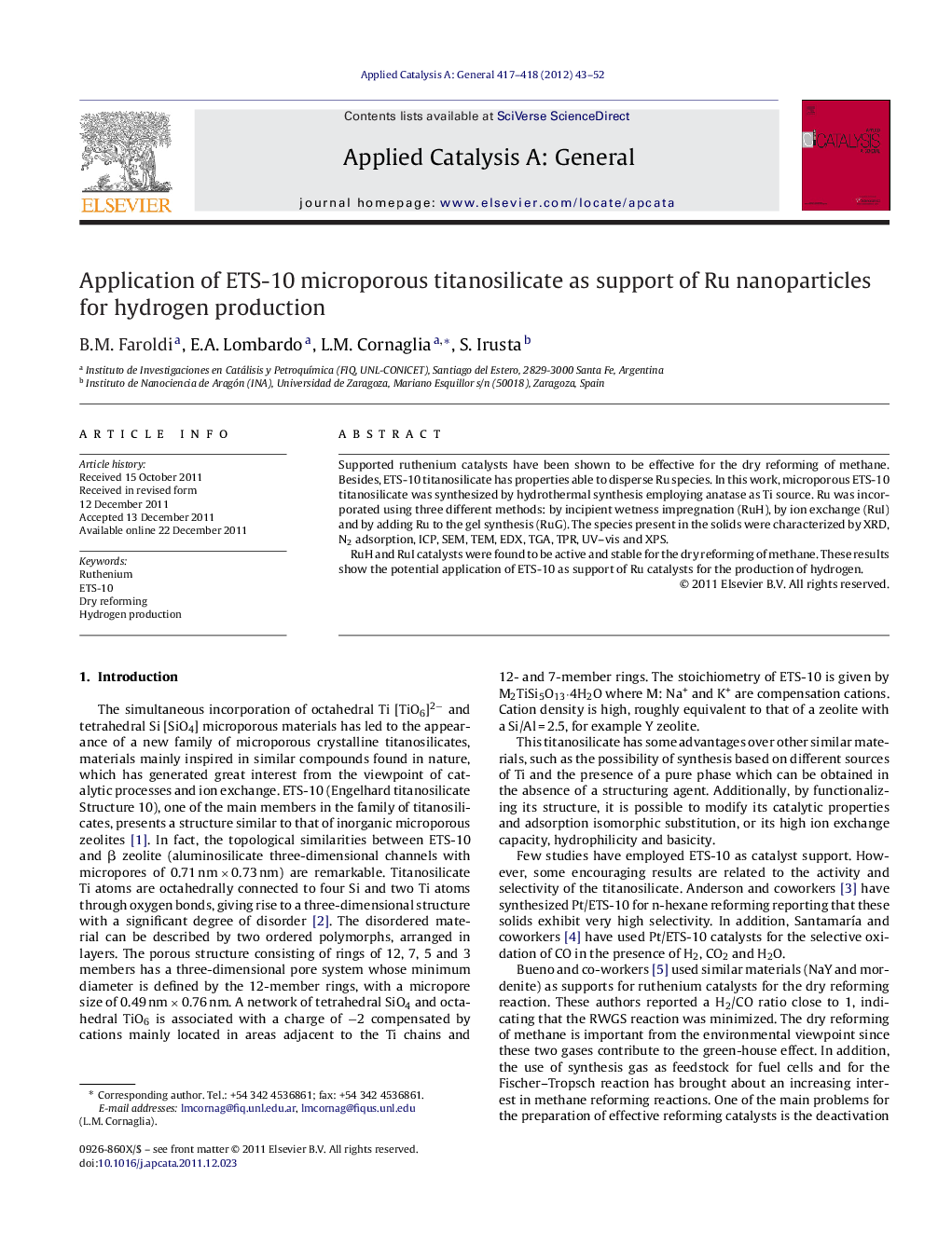 عکس صفحه اول مقاله: Application of ETS-10 microporous titanosilicate as support of Ru nanoparticles for hydrogen production Application of ETS-10 microporous titanosilicate as support of Ru nanoparticles for hydrogen production