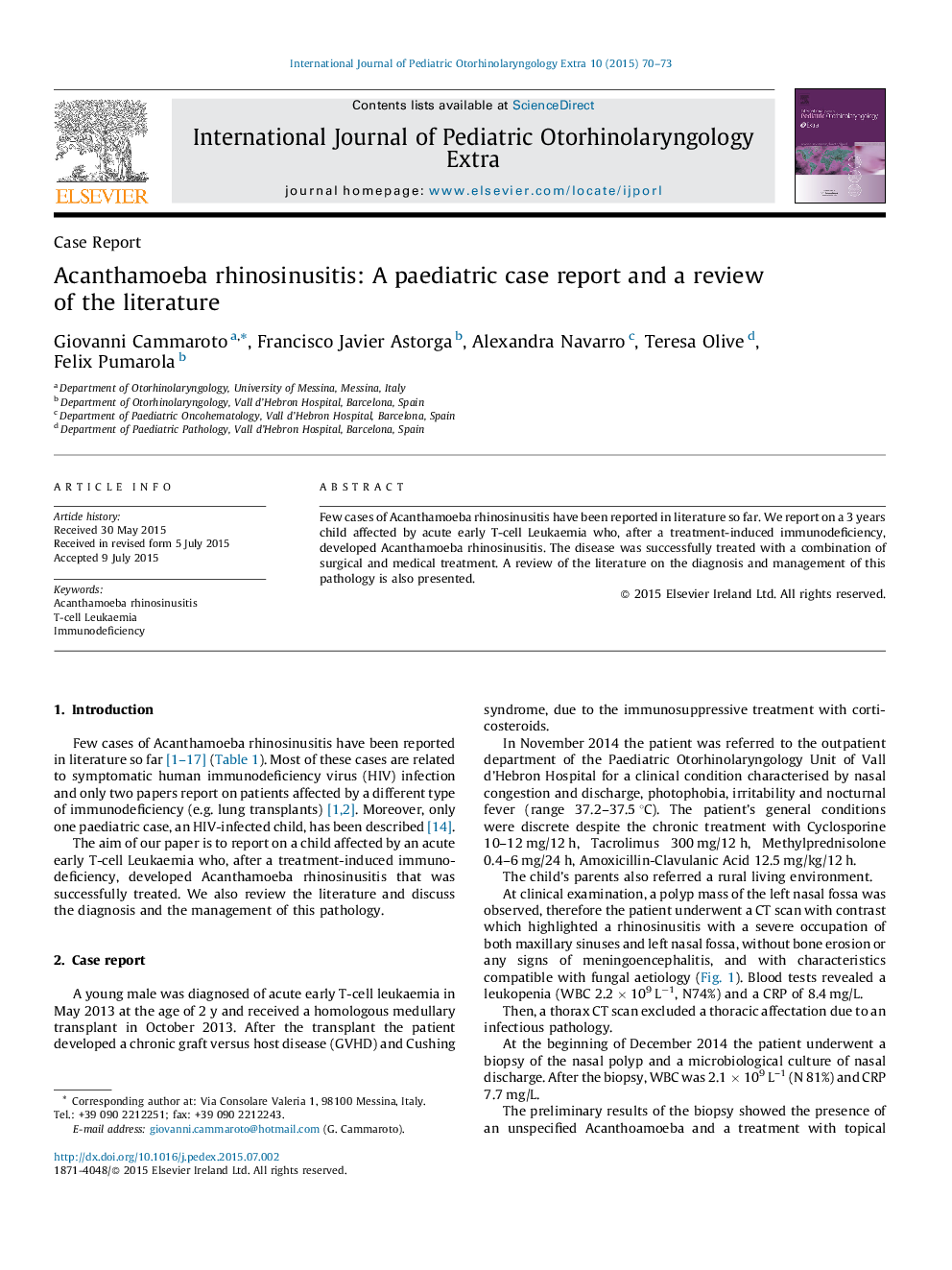 Acanthamoeba rhinosinusitis: A paediatric case report and a review of the literature