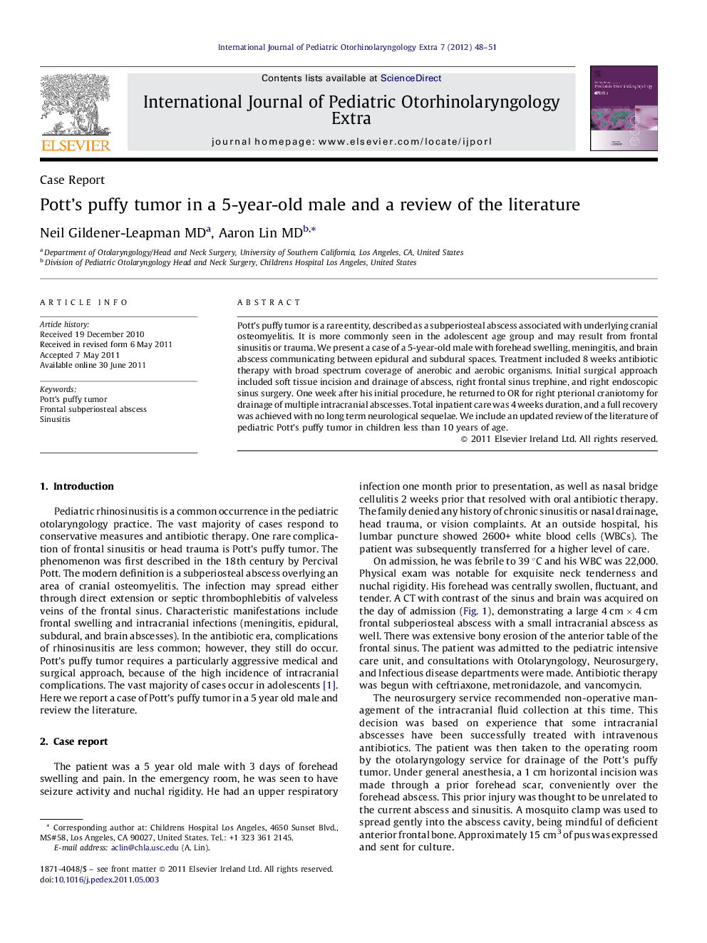 Pott's puffy tumor in a 5-year-old male and a review of the literature