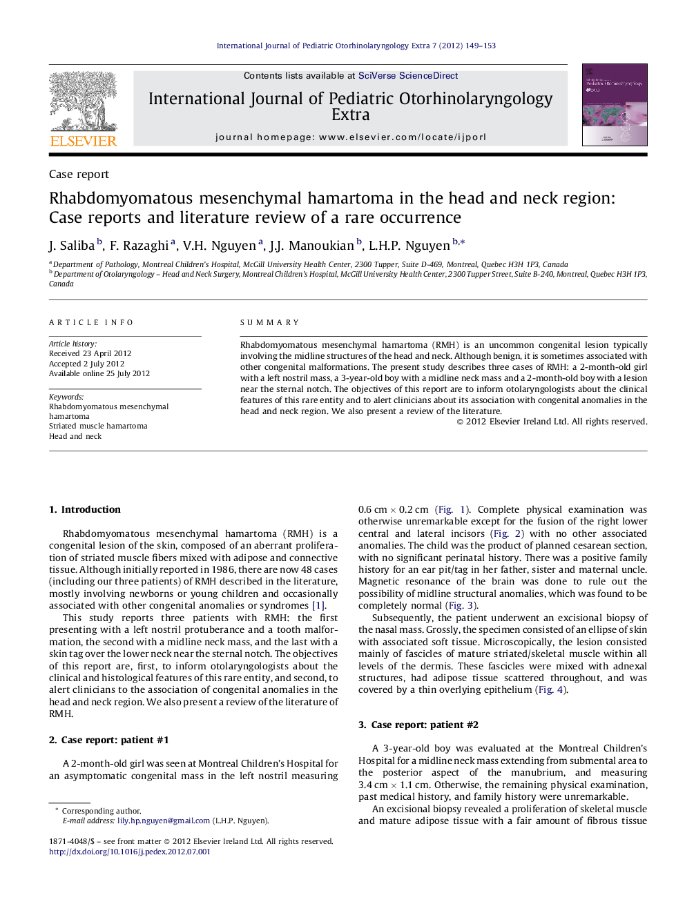 Rhabdomyomatous mesenchymal hamartoma in the head and neck region: Case reports and literature review of a rare occurrence