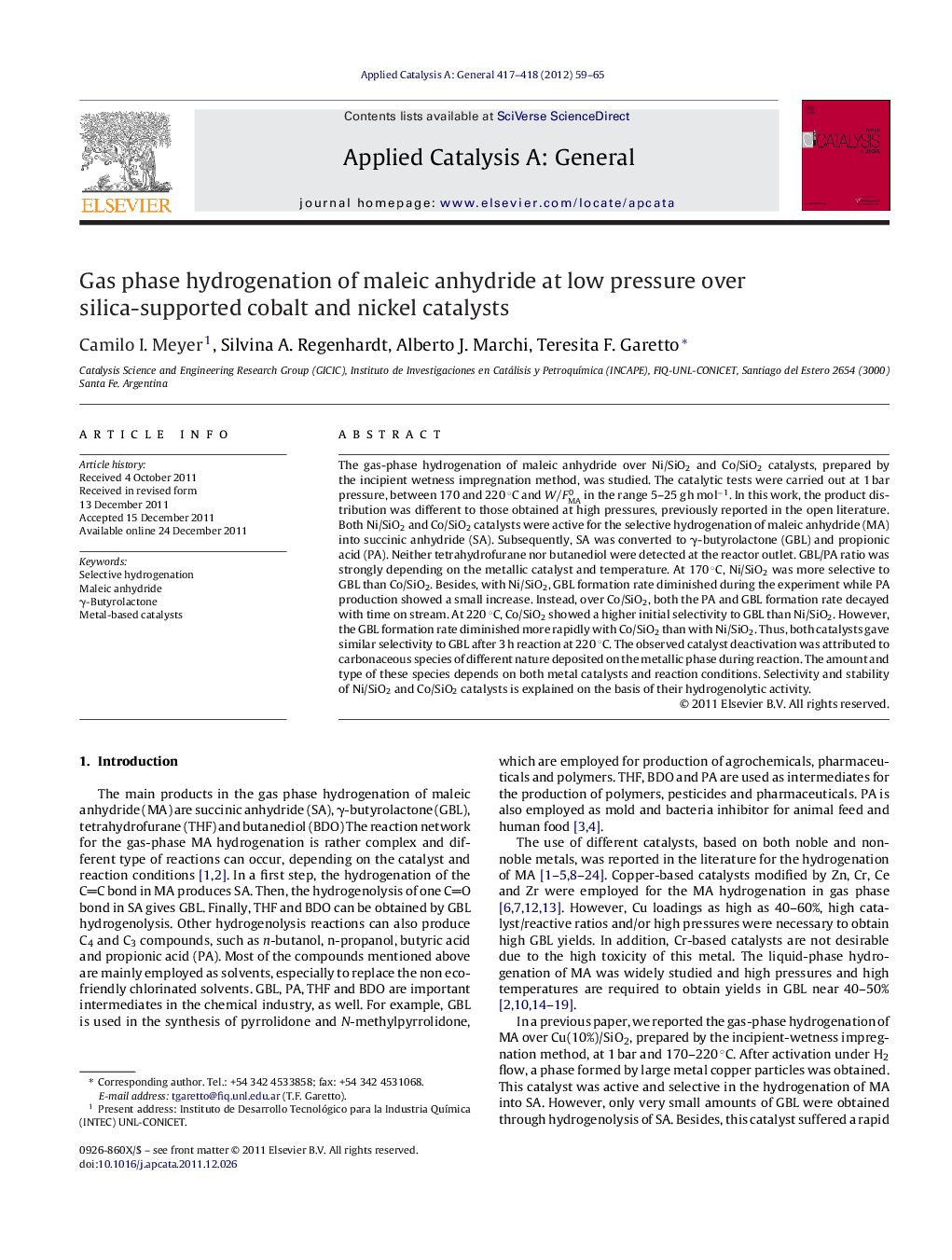 Gas phase hydrogenation of maleic anhydride at low pressure over silica-supported cobalt and nickel catalysts