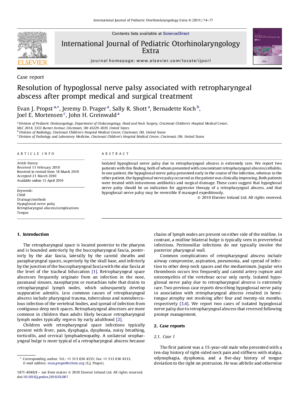 Resolution of hypoglossal nerve palsy associated with retropharyngeal abscess after prompt medical and surgical treatment