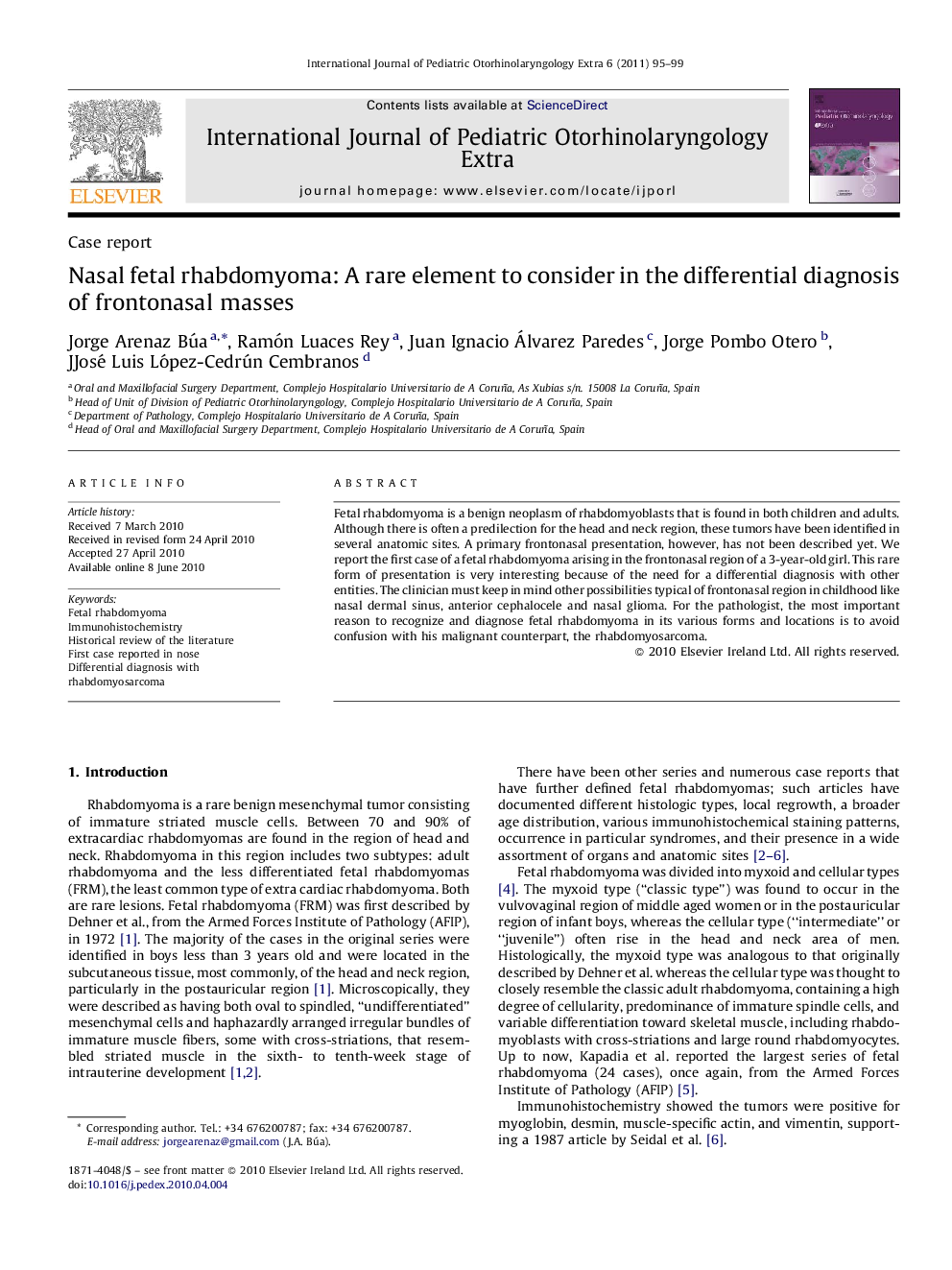 Nasal fetal rhabdomyoma: A rare element to consider in the differential diagnosis of frontonasal masses