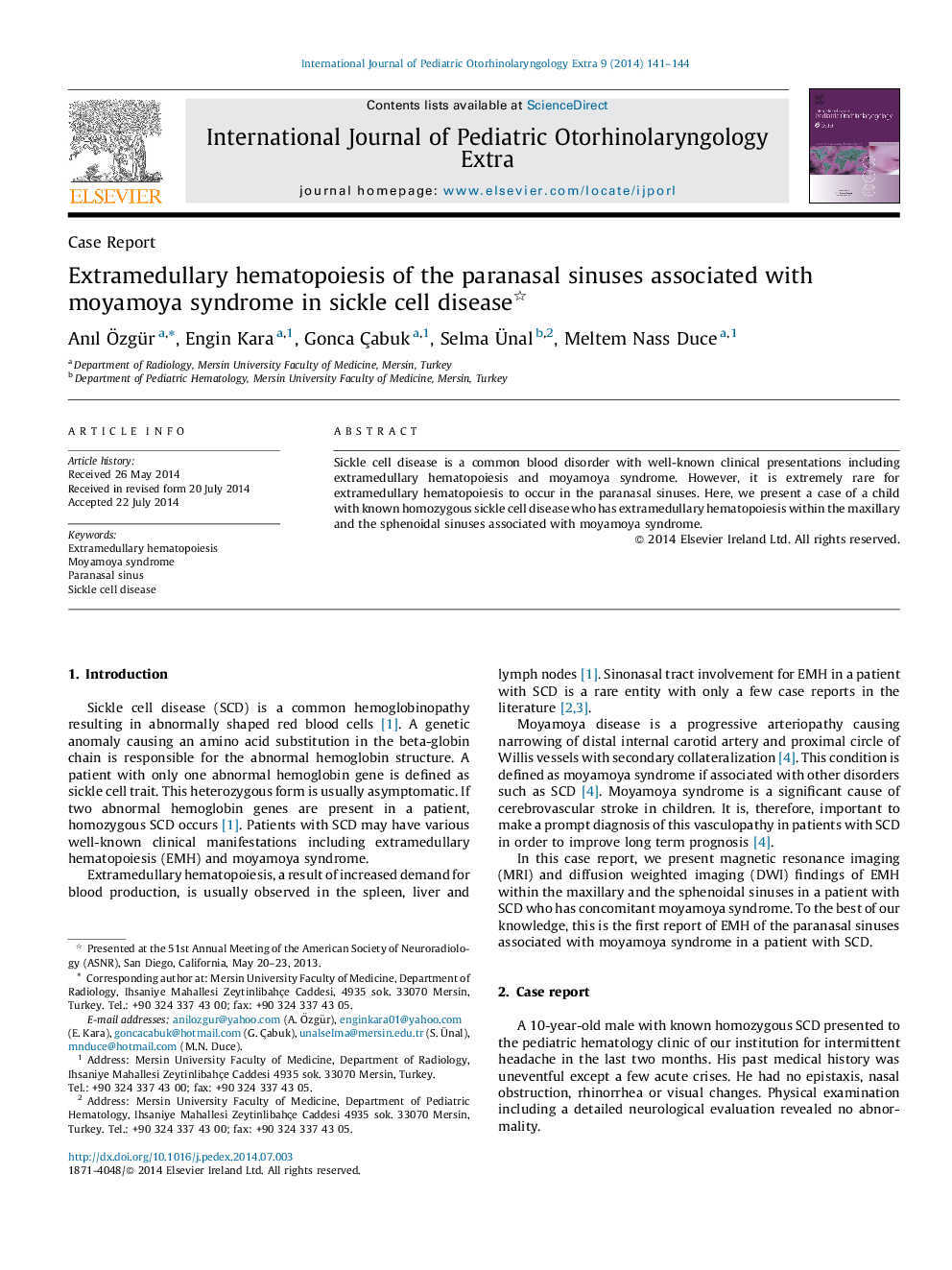 Extramedullary hematopoiesis of the paranasal sinuses associated with moyamoya syndrome in sickle cell disease