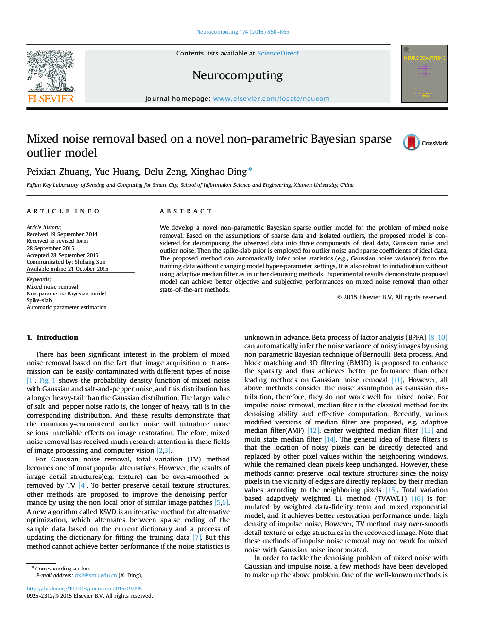 Mixed noise removal based on a novel non-parametric Bayesian sparse outlier model