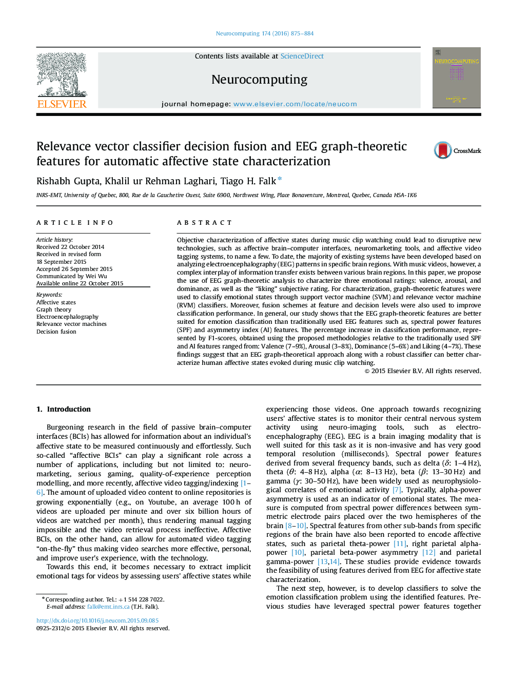 Relevance vector classifier decision fusion and EEG graph-theoretic features for automatic affective state characterization