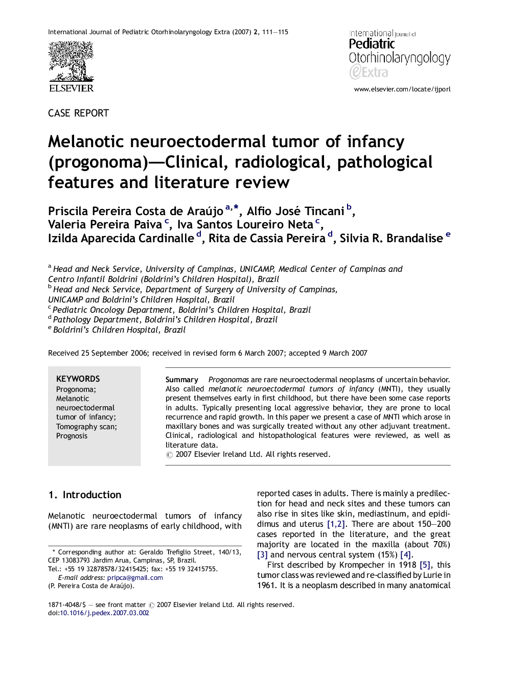 Melanotic neuroectodermal tumor of infancy (progonoma)—Clinical, radiological, pathological features and literature review