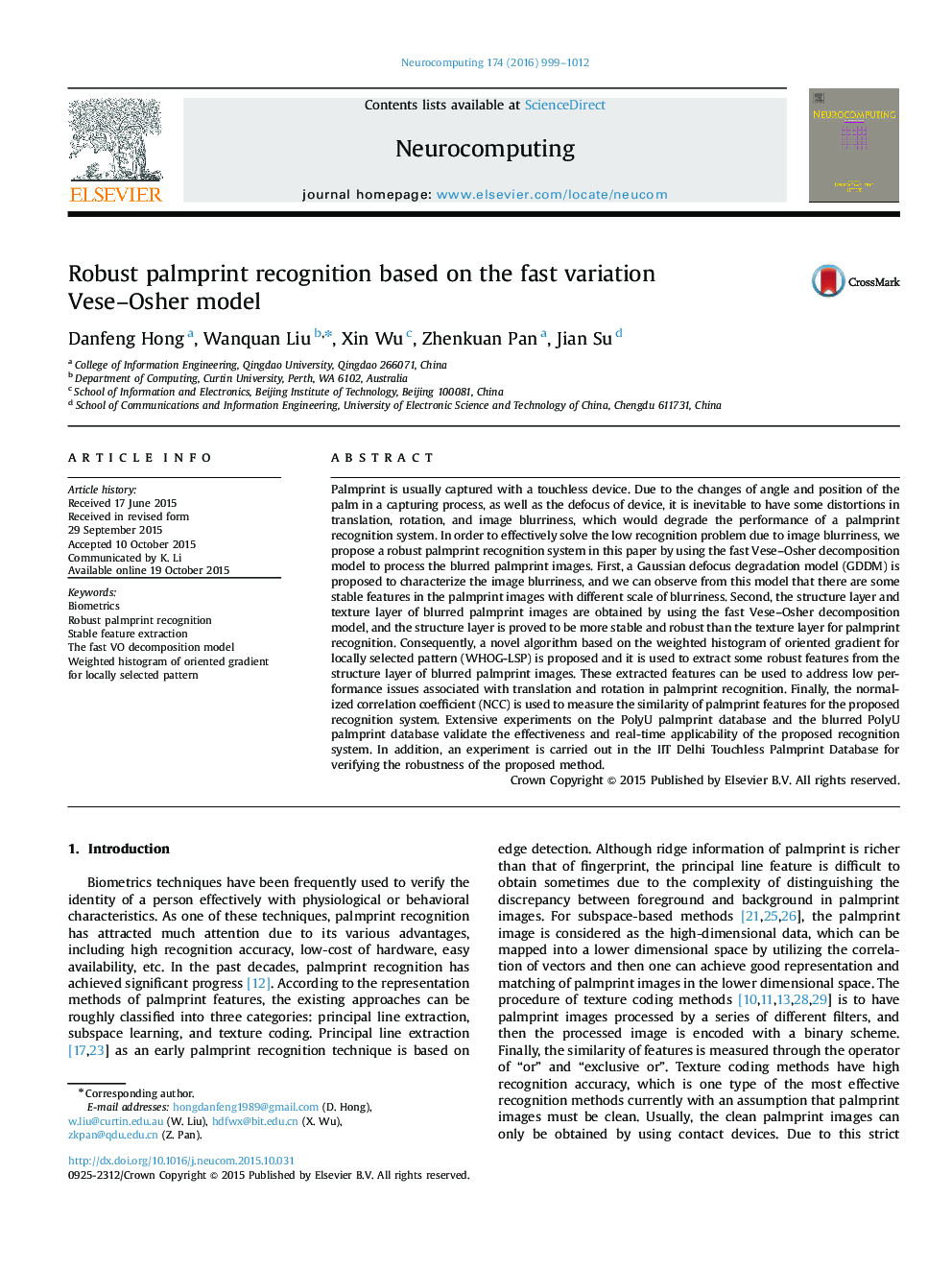 Robust palmprint recognition based on the fast variation Vese–Osher model