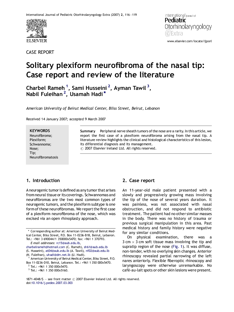 Solitary plexiform neurofibroma of the nasal tip: Case report and review of the literature