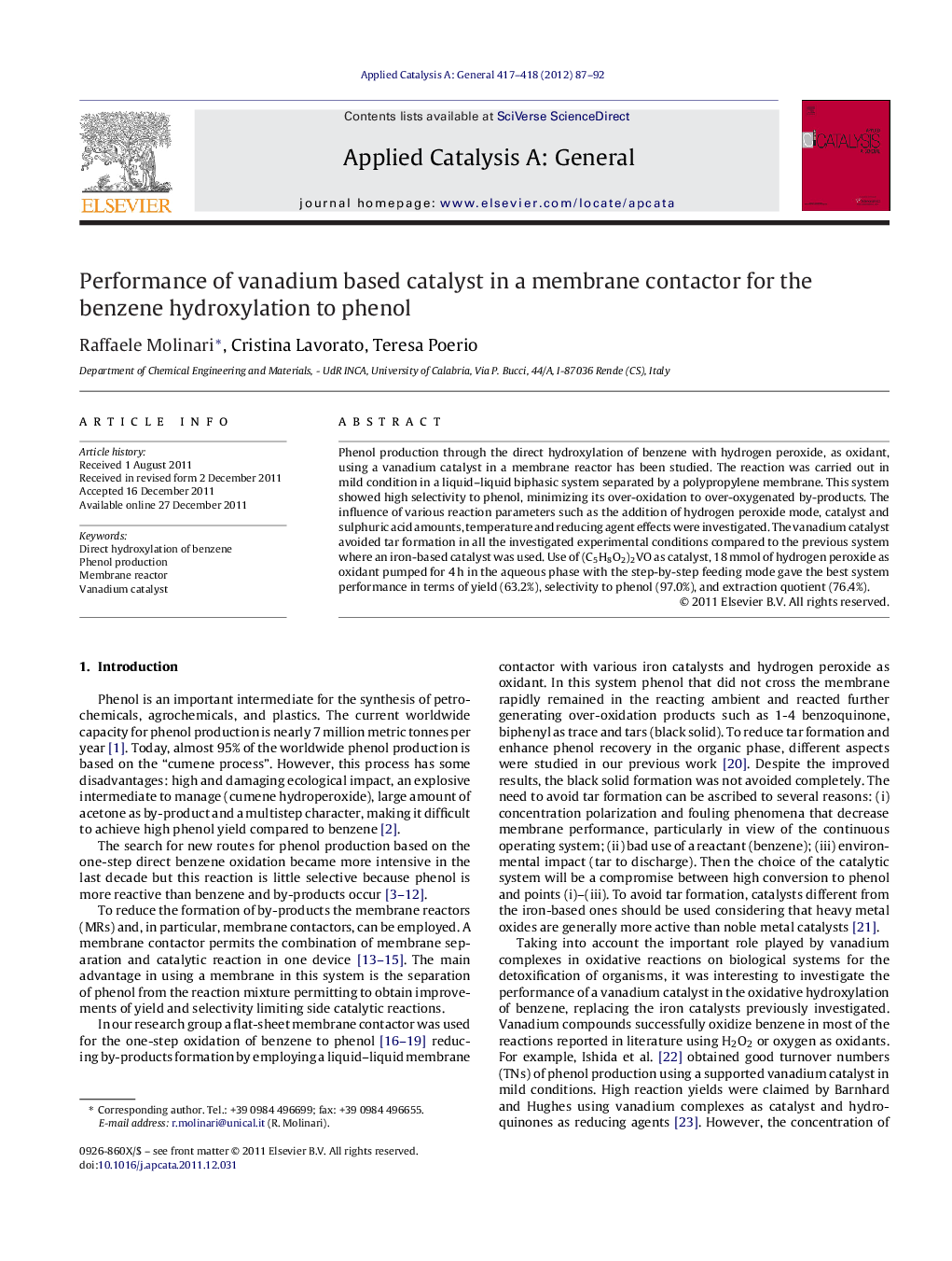 Performance of vanadium based catalyst in a membrane contactor for the benzene hydroxylation to phenol