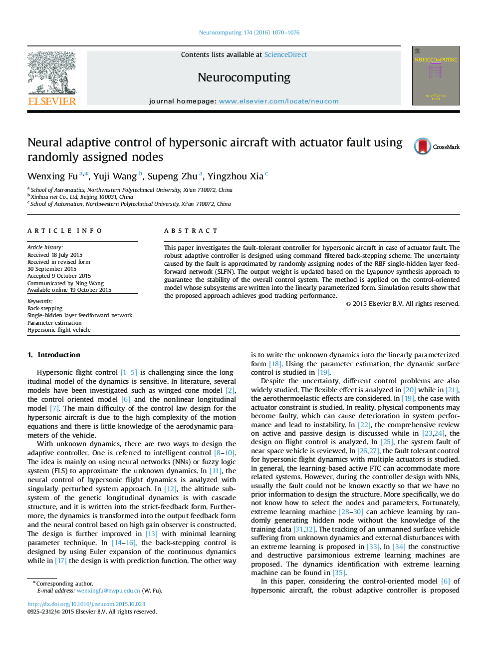 Neural adaptive control of hypersonic aircraft with actuator fault using randomly assigned nodes