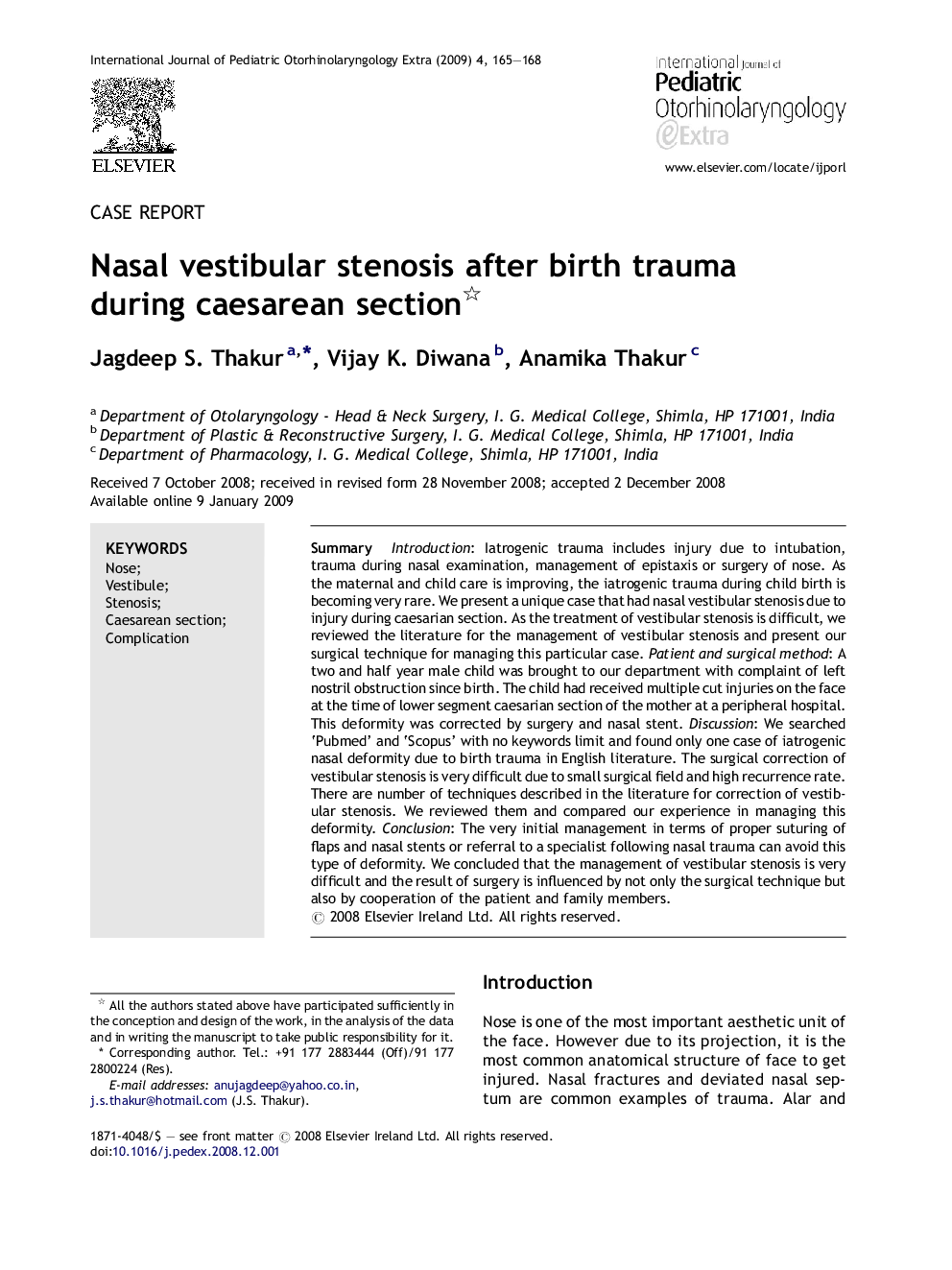 Nasal vestibular stenosis after birth trauma during caesarean section 