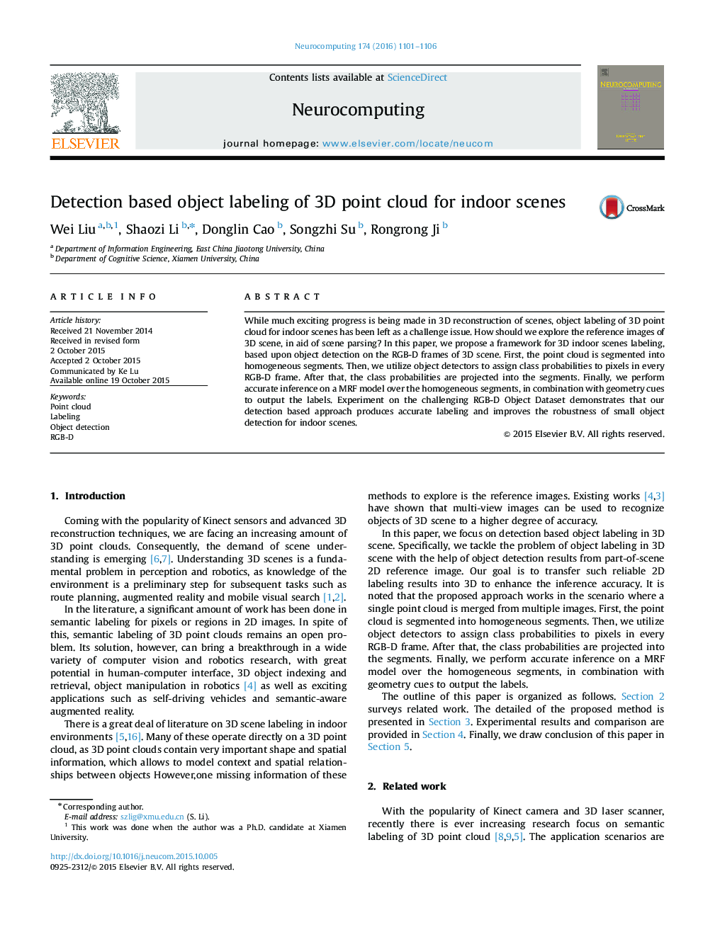 Detection based object labeling of 3D point cloud for indoor scenes