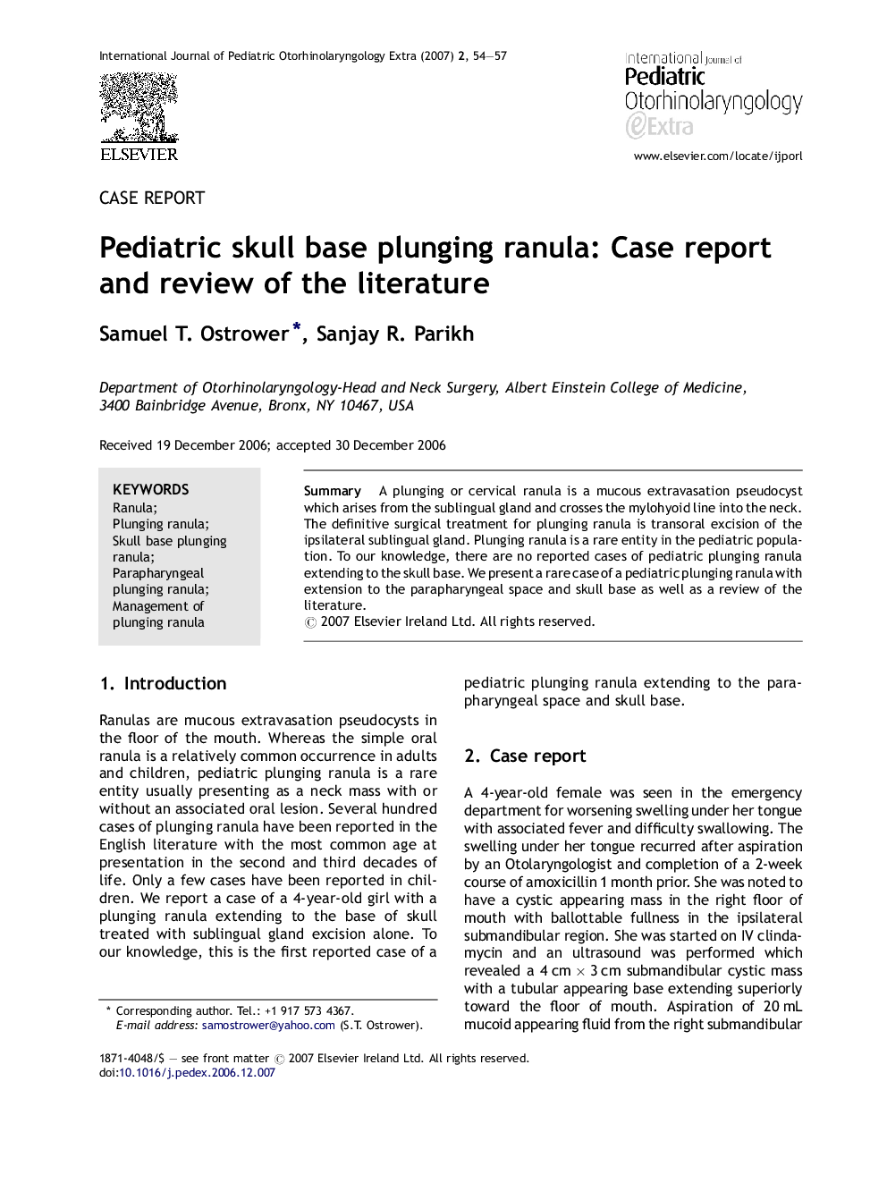 Pediatric skull base plunging ranula: Case report and review of the literature