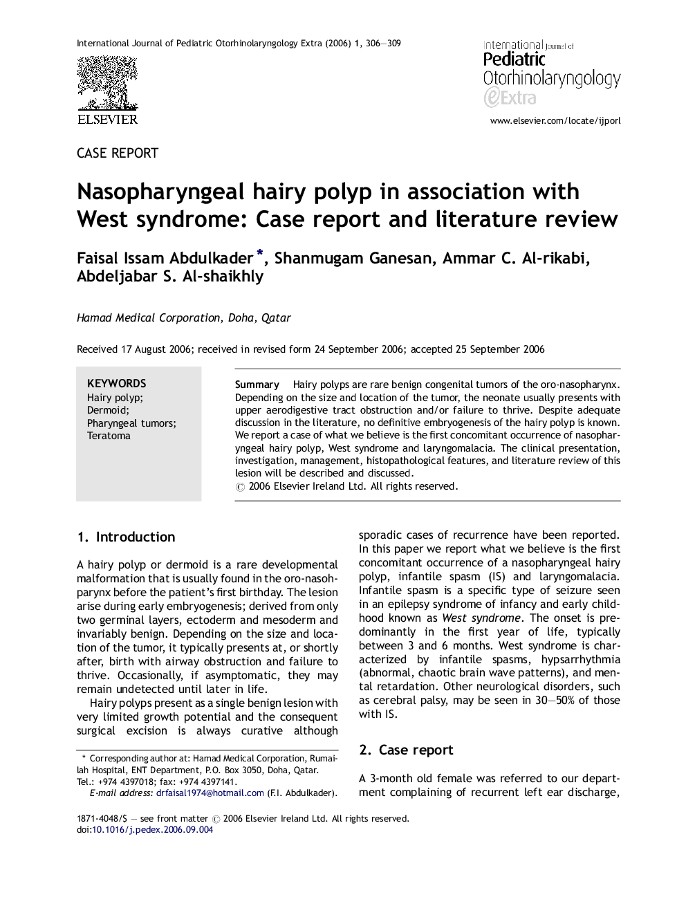 Nasopharyngeal hairy polyp in association with West syndrome: Case report and literature review