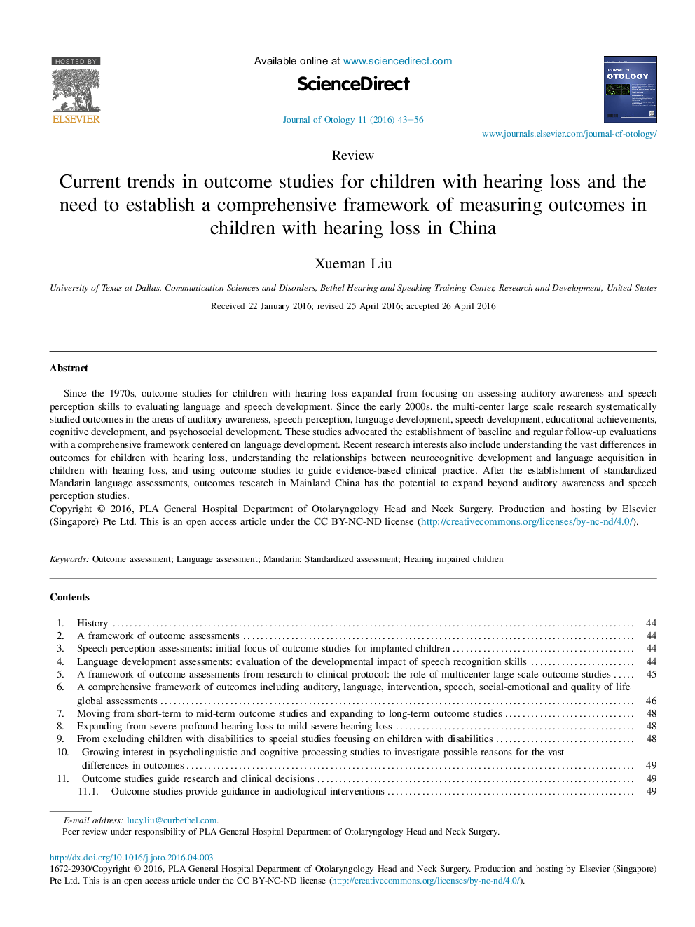 Current trends in outcome studies for children with hearing loss and the need to establish a comprehensive framework of measuring outcomes in children with hearing loss in China 