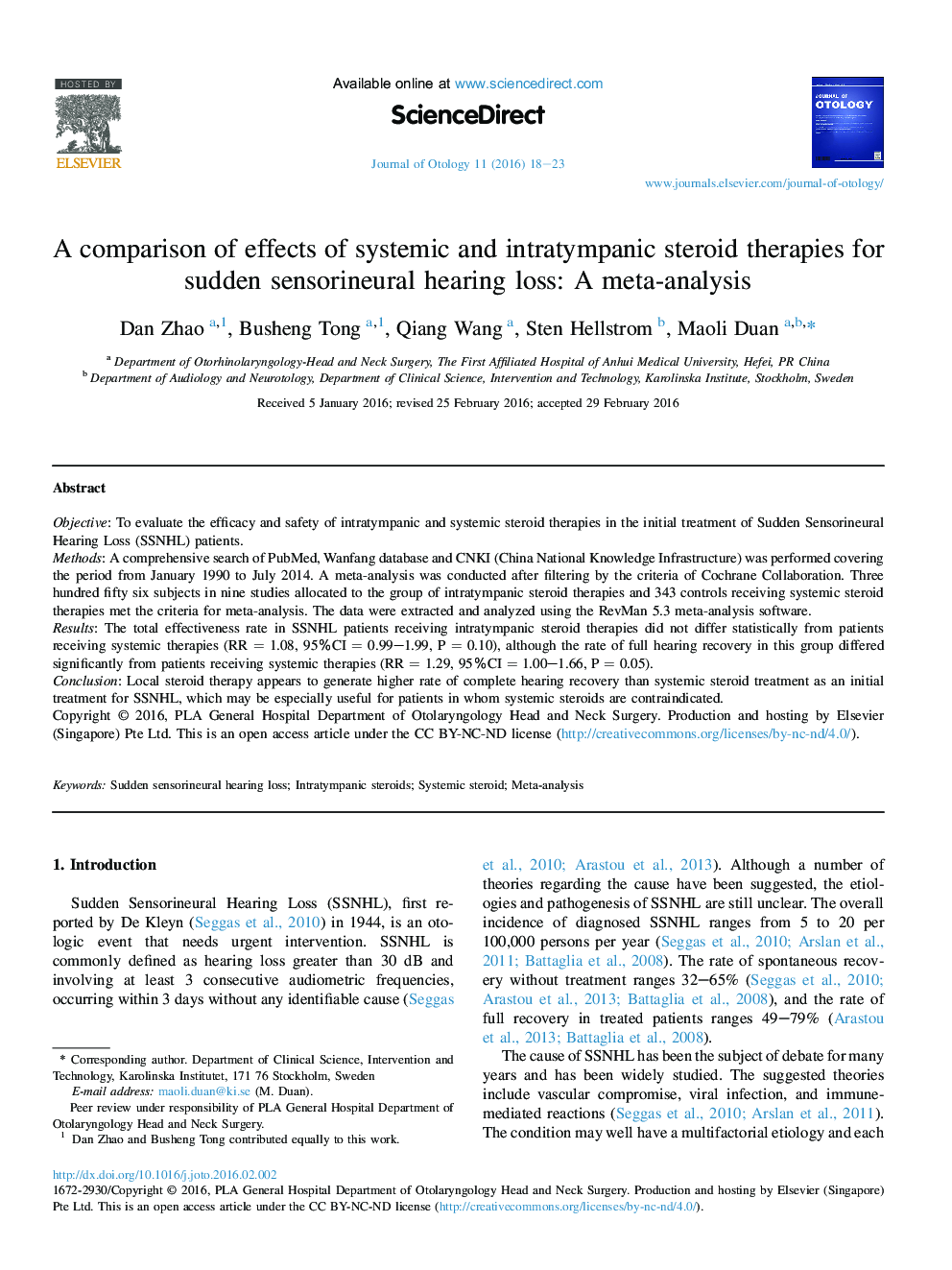 A comparison of effects of systemic and intratympanic steroid therapies for sudden sensorineural hearing loss: A meta-analysis 